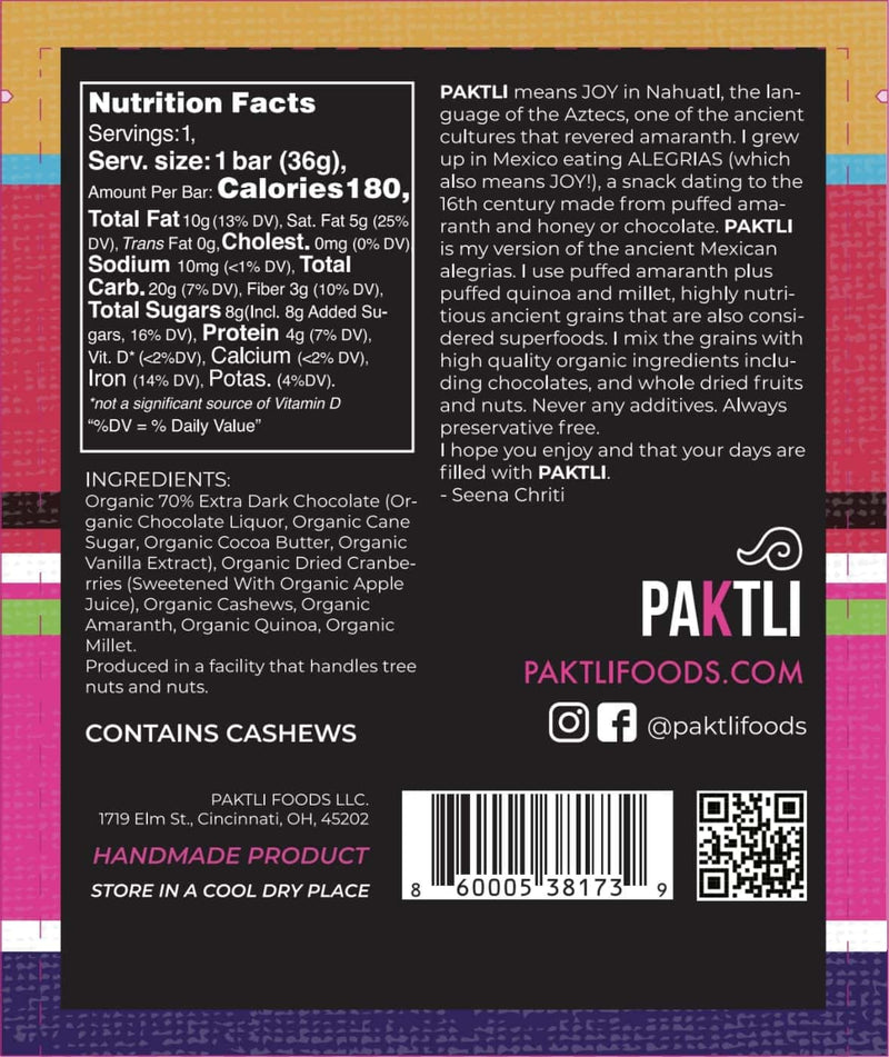 PAKTLI Extra Dark Chocolate Ancient Grain Snack with Dried Cranberries and Cashews