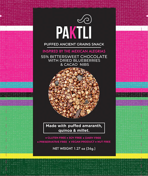 PAKTLI Bittersweet Chocolate Ancient Grain Snack With Dried Blueberries & Cacao Nibs