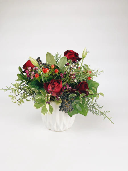 Fresh Flower Arrangement in Red Tones (4" White Vase)