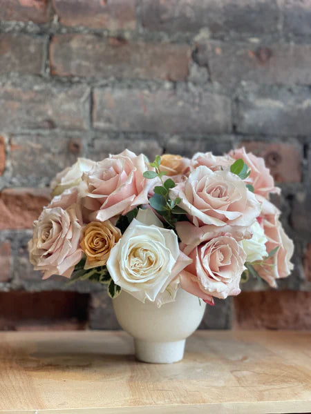 Pastel Rose Arrangement in a Compote