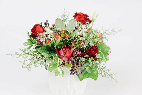 Fresh Flower Arrangement in Red Tones (4" White Vase)