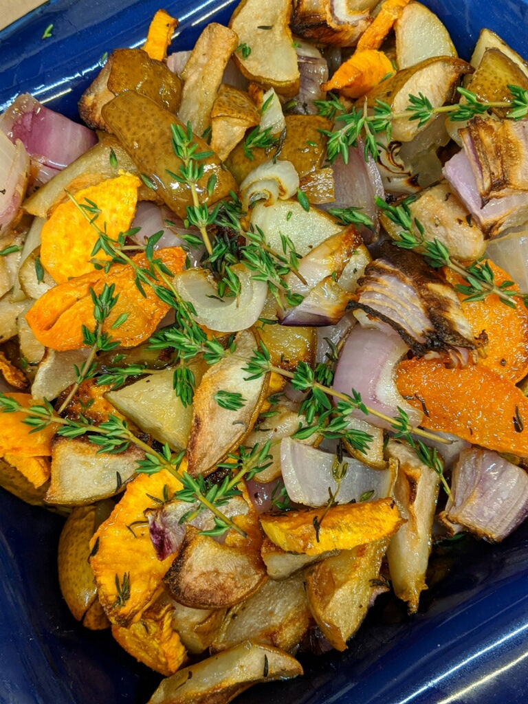 Roasted Sweet Potatoes with Pears and red onions